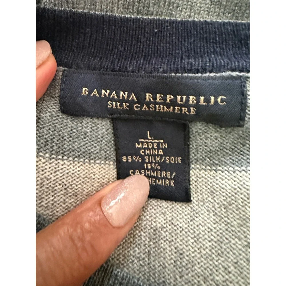 Banana Republic Silk Cashmere Sweater Mens Large Grey Striped Good Crewneck Luxe